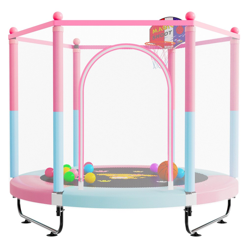 60" Trampoline for Kids, 5 FT Toddler Baby Trampoline with Safety Enclosure Net, Indoor or Outdoor Pink/Blue Small Trampolines with Basketball Hoop, Birthday Gifts for Kids, Gifts for Girl