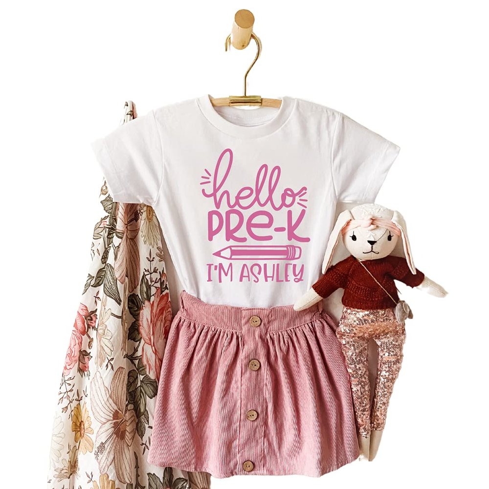 Hello Pre-K Back to School Outfits for Girls, Personalized Kindergarten Shirts for Toddler Girl, Cute First day of School Outfit, Second, Third, Fourth, Fifth Grade Clothes for Kids. PCL SHIRT ONLY