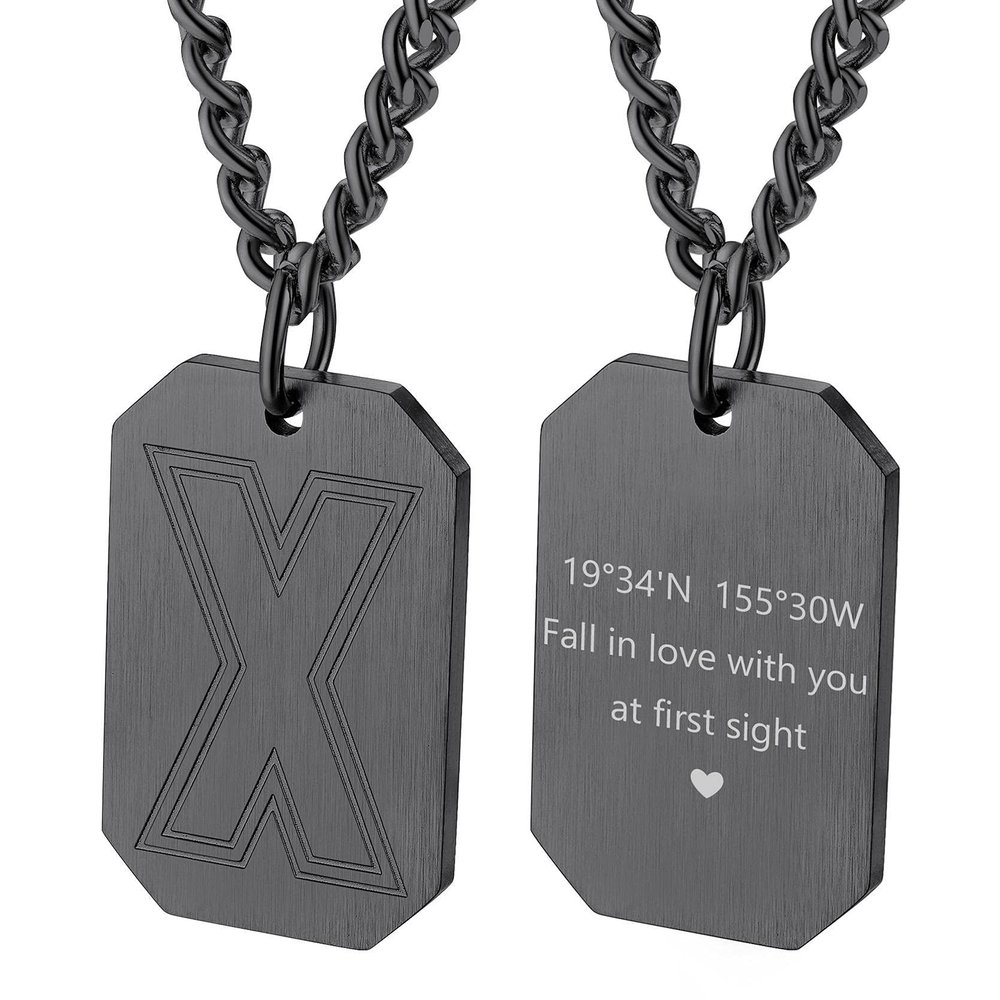 Personalized Initial Dog Tag Necklace for Black Mens Sports Basketball/Football/Baseball Letter Pendant with Curb Chain Monogram Jewelry