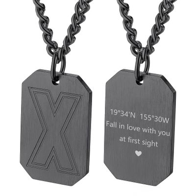 Black Initial Letter Dog Tag Necklace for Men Women Stainless Steel Black Pendant with Curb Chain Monogram Jewelry