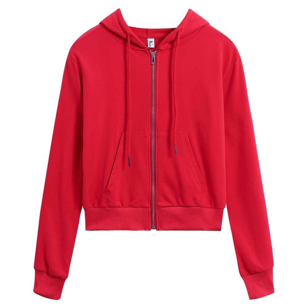 DRESSOLE Women's Cropped Zip Up Hoodie Casual Long Sleeve Workout Hooded Sweatshirt Coat Red L