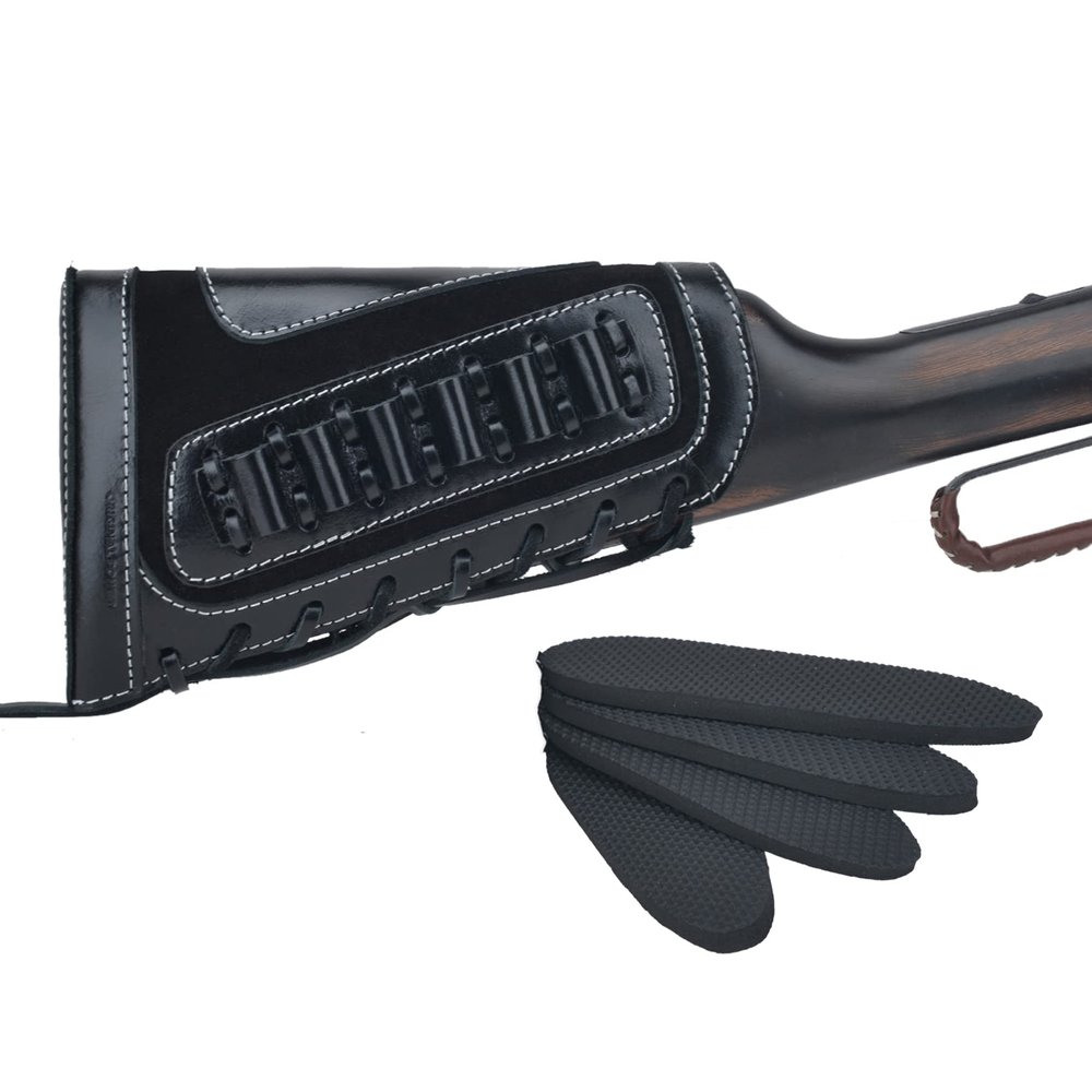 Genuine Leather Buttstock Shell Holder Pouch Case, Shotgun Recoil Pad (Black)