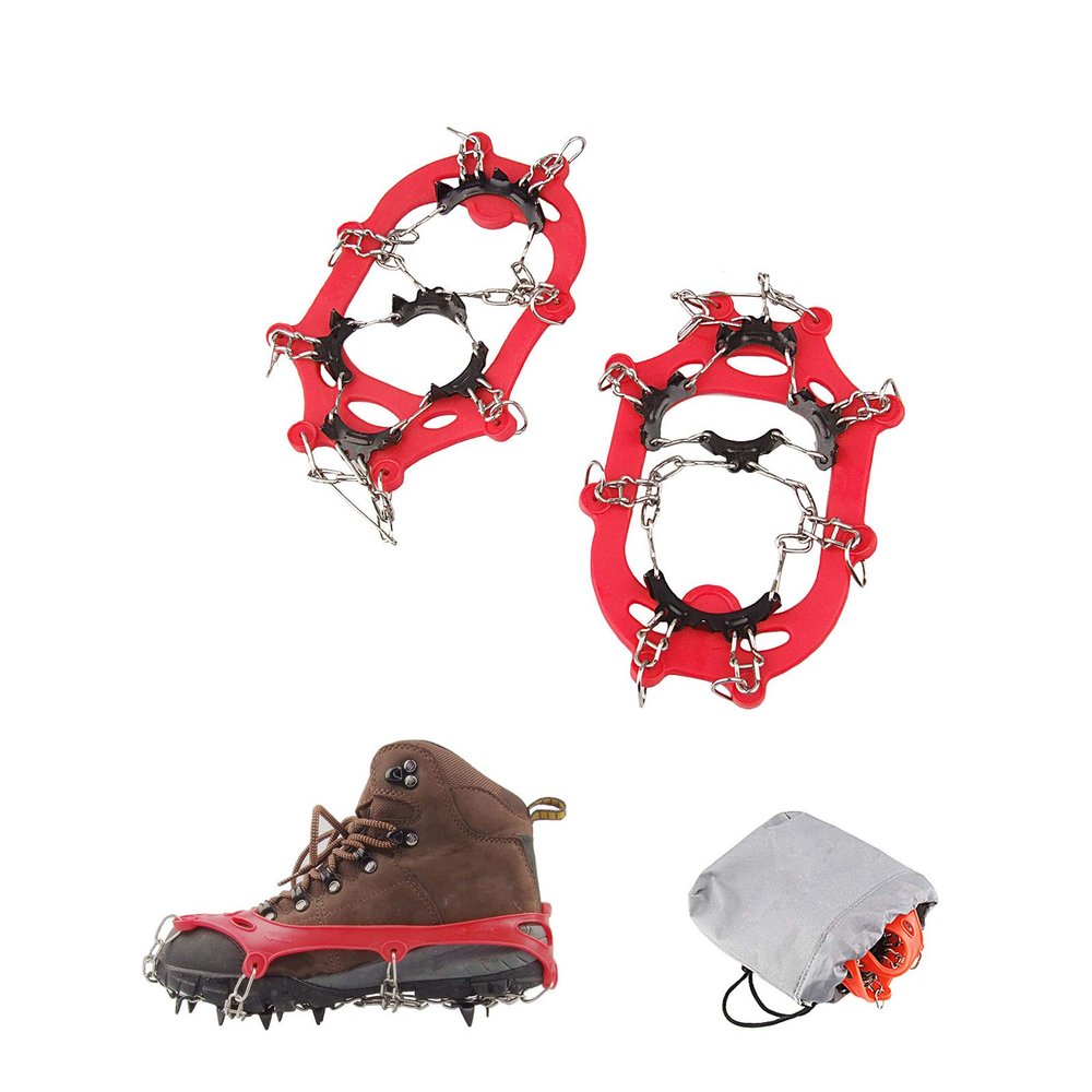 LINXGR Kids 11 Teeth Crampons for Hiking Shoes and Boots Anti-Slip Ice Cleats Camping Walking Cleats Child Unisex with Stainless Steel Chains (Red, Small for Toddler/Little Kids)