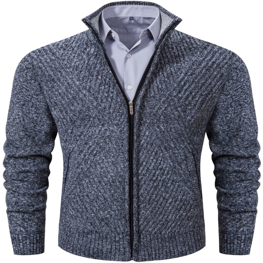 VtuAOL Men's Slim Zip Up Sweater Thick Knitted Casual Cardigan Sweaters with Pockets Dark Grey US S