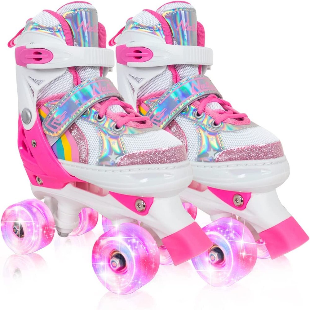 Toddler Roller Skates Rainbow Unicorn for Little Girls Ages 3 4 5 6 - Quad Skates for Child - Adjustable All Light up Wheels, Birthday Gift for Daughter Granddaughter