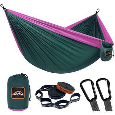 AnorTrek Camping Hammock, Super Lightweight Portable Parachute Hammock with Two Tree Straps Single or Double Nylon Travel Tree Hammocks for Camping Backpacking Hiking Dark Green&Fuchsia