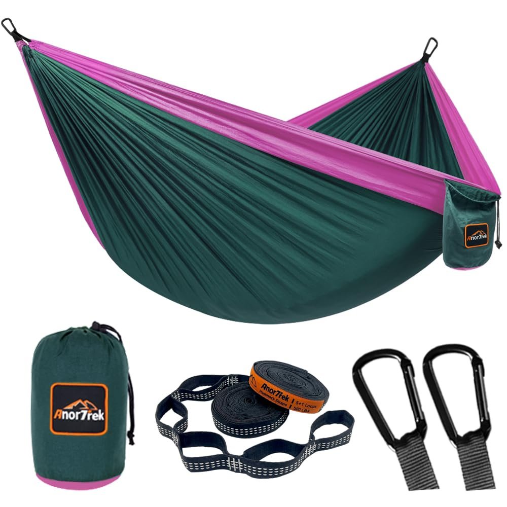 AnorTrek Camping Hammock, Super Lightweight Portable Parachute Hammock with Two Tree Straps Single or Double Nylon Travel Tree Hammocks for Camping Backpacking Hiking Dark Green&Fuchsia