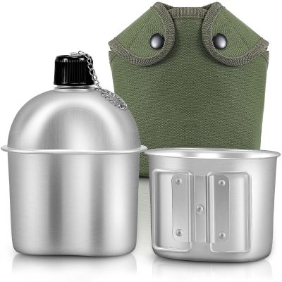 Military Canteen Cookware Set Include 1 QT Military Army Aluminum Alloy Canteen 0.5 QT Multi-Functional Water Bottle with Grab Handled Cup Green Canvas Cover Bag for Outdoor Camping Hiking