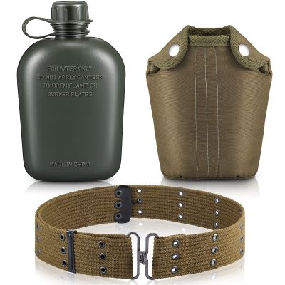 Honeydak 1 Quart Plastic Canteen Military Canteen Portable Military Water Bottle with Bottle Pouch Cotton Cover Bag and Waist Belt for Backpacking Hiking Camping Climbing Outdoor Activities