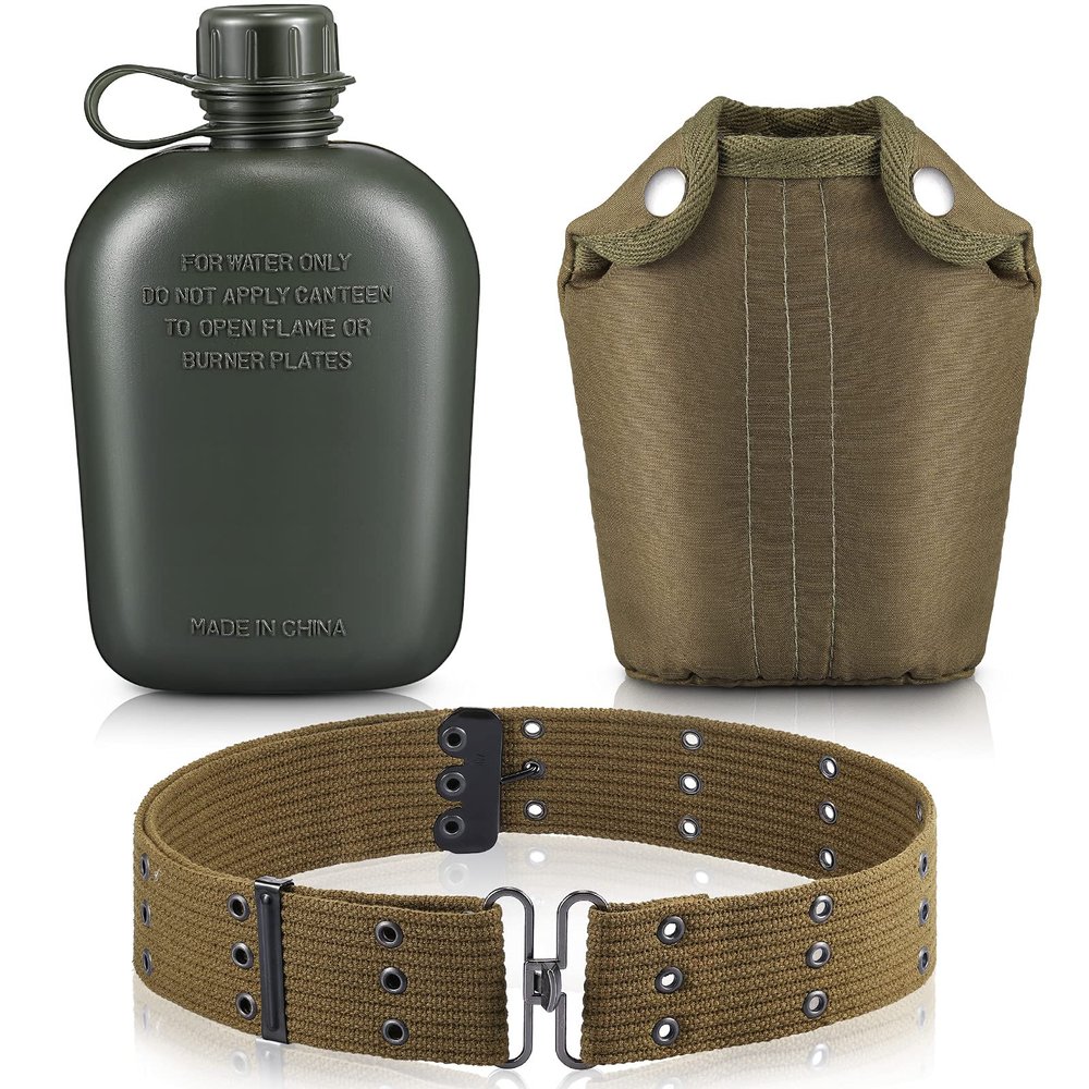 Honeydak 1 Quart Plastic Canteen Military Canteen Portable Military Water Bottle with Bottle Pouch Cotton Cover Bag and Waist Belt for Backpacking Hiking Camping Climbing Outdoor Activities