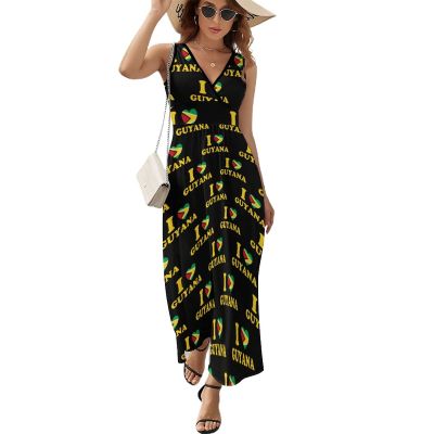 BAIKUTOUAN I Love Guyana Heart Flag Long Dress for Women Summer Printed Sleeveless