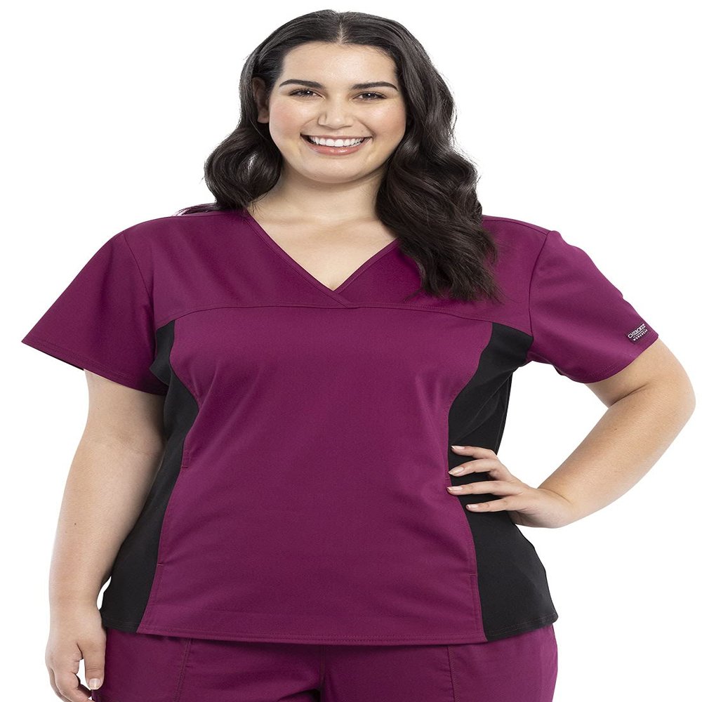 Cherokee V-Neck Knit Panel Scrub Top for Women Modern Classic Fit with Stretch Side Panels & Kangaroo Pocket - WW2875, M, Wine