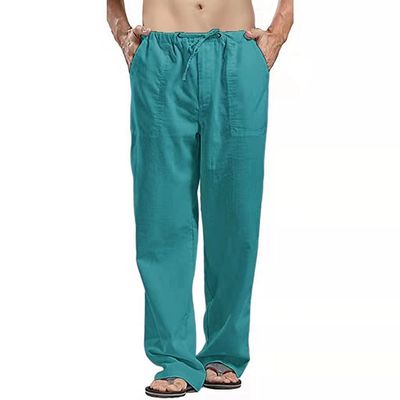 Familyhouse Mens Linen Trousers Lounge Casual Linen Pants Loose Fit Yoga Beach Pants with Pockets (Lake Blue,3XL)