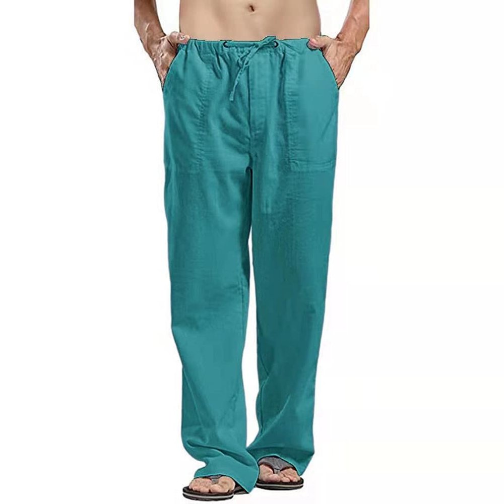 Familyhouse Mens Linen Trousers Lounge Casual Linen Pants Loose Fit Yoga Beach Pants with Pockets (Lake Blue,3XL)