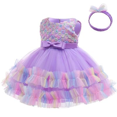 3M-6T 3D Colorful Flower Toddler Baby Girls Wedding Pageant Layered Dresses Wedding Birthday Party Tutu Gown with Headwear Purple 70