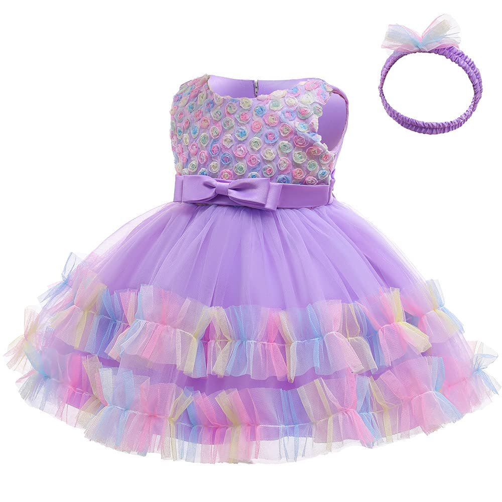 3M-6T 3D Colorful Flower Toddler Baby Girls Wedding Pageant Layered Dresses Wedding Birthday Party Tutu Gown with Headwear Purple 70