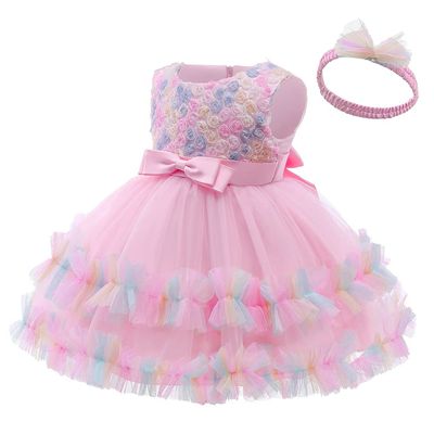 AVAZU 3M-6T 3D Colorful Flower Toddler Baby Girls Wedding Pageant Layered Dresses Wedding Birthday Party Tutu Gown with Headwear Pink 120