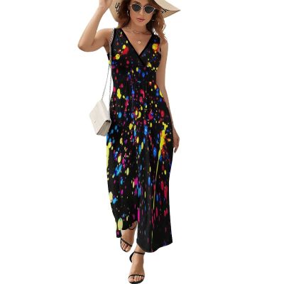 BAIKUTOUAN Blue Neon Paint Splatter Long Dress for Women Summer Printed Sleeveless