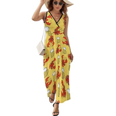 BAIKUTOUAN Beer and Crawfish Long Dress for Women Summer Printed Sleeveless