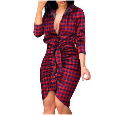 2021 Fashion Dress for Women Vintage Professional Dress Plus Size V-Neck Long Sleeve Bandage Slim Shirt Dress Wine