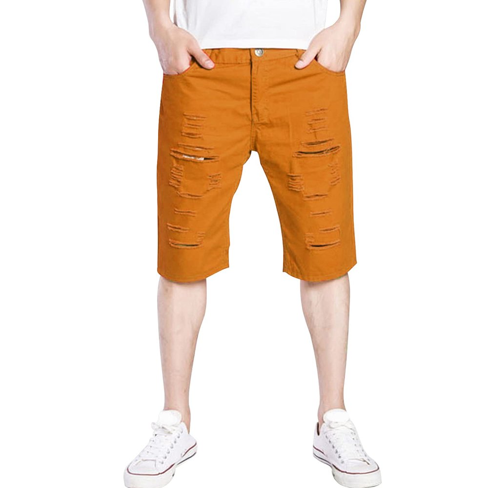 Men's Casual Ripped Jean Shorts Slim Distressed destroyed hole Short Jean Pants Washed Summer Knee Lenght Fit Jeans (Brown,XX-Large)