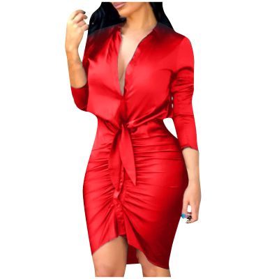 2021 Fashion Dress for Women Vintage Professional Dress Plus Size V-Neck Long Sleeve Bandage Slim Shirt Dress