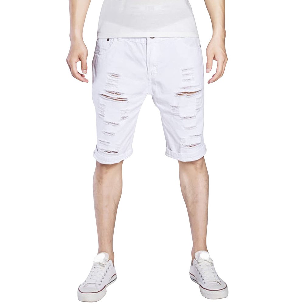 Men's Casual Ripped Jean Shorts Slim Distressed Destroyed Hole Short Jean Pants Washed Summer Knee Lenght Fit Jeans (White,XX-Large)