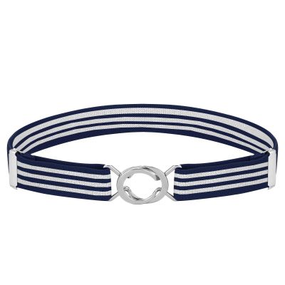 Buyless Fashion Kids Toddlers Baby Adjustable Elastic Stretch Belt with Silver Twisted Buckle - 5095-Navy-White-Stripe
