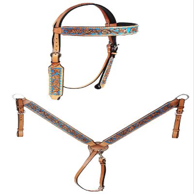 CHALLENGER Horse Western Floral Browband Bridle & Breast Collar Set Turquoise 78FK07B