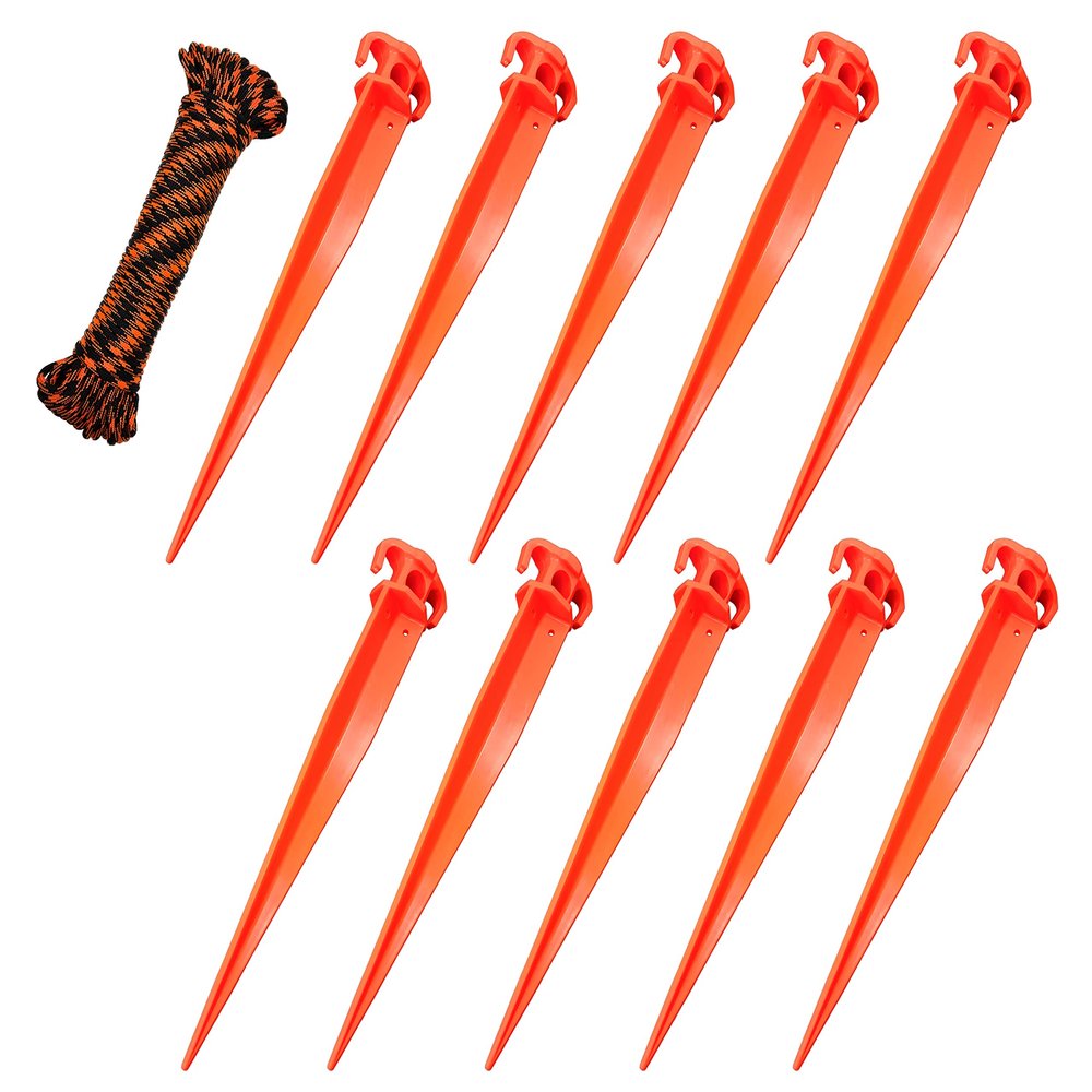 (10) 11" Tent Pegs With (1) 5/32"x 50ft Black/Orange Paracord Rope. Garden Stakes Durable and Strong Plastic Tent Stakes for Beach Mat, Camping, Hiking, Garden, Landscape Stakes, Orange, UV Resistant