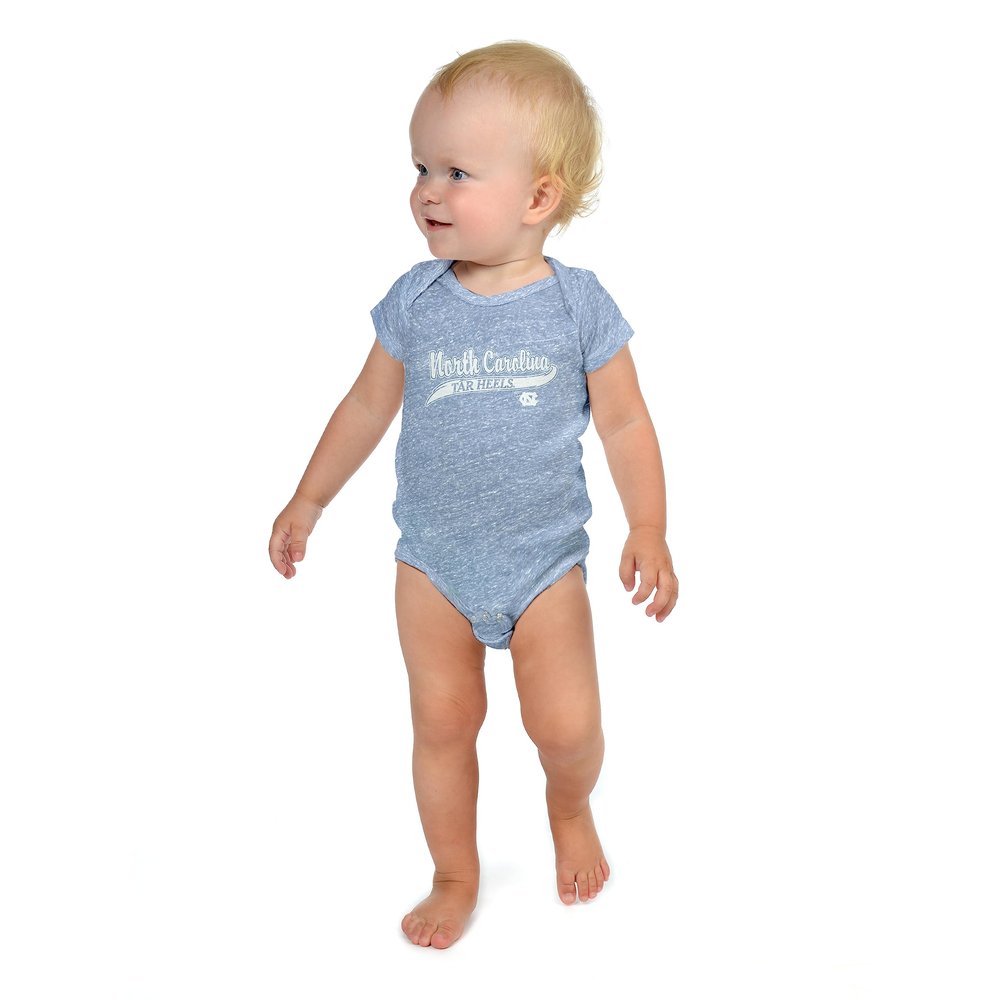 Little King NCAA Knobby Short Sleeve Varsity Romper-North Carolina-Heathered Carolina Blue-12 Months