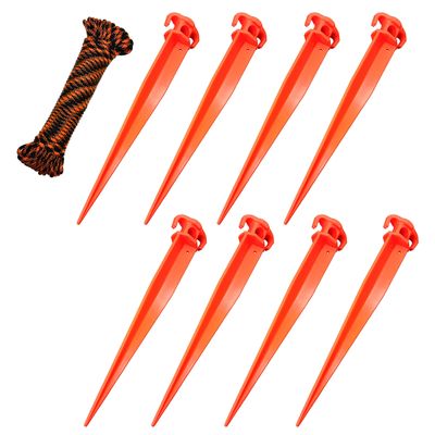 (8) 11" Tent Pegs with (1) 5/32" x 50ft Black/Orange Paracord Rope. Garden Stakes Durable and Strong Plastic Tent Stakes for Beach Mat, Camping, Hiking, Garden, Landscape Stakes, Orange, UV Resistant
