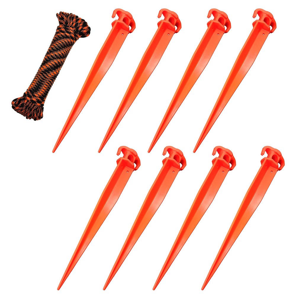 (8) 11" Tent Pegs with (1) 5/32" x 50ft Black/Orange Paracord Rope. Garden Stakes Durable and Strong Plastic Tent Stakes for Beach Mat, Camping, Hiking, Garden, Landscape Stakes, Orange, UV Resistant