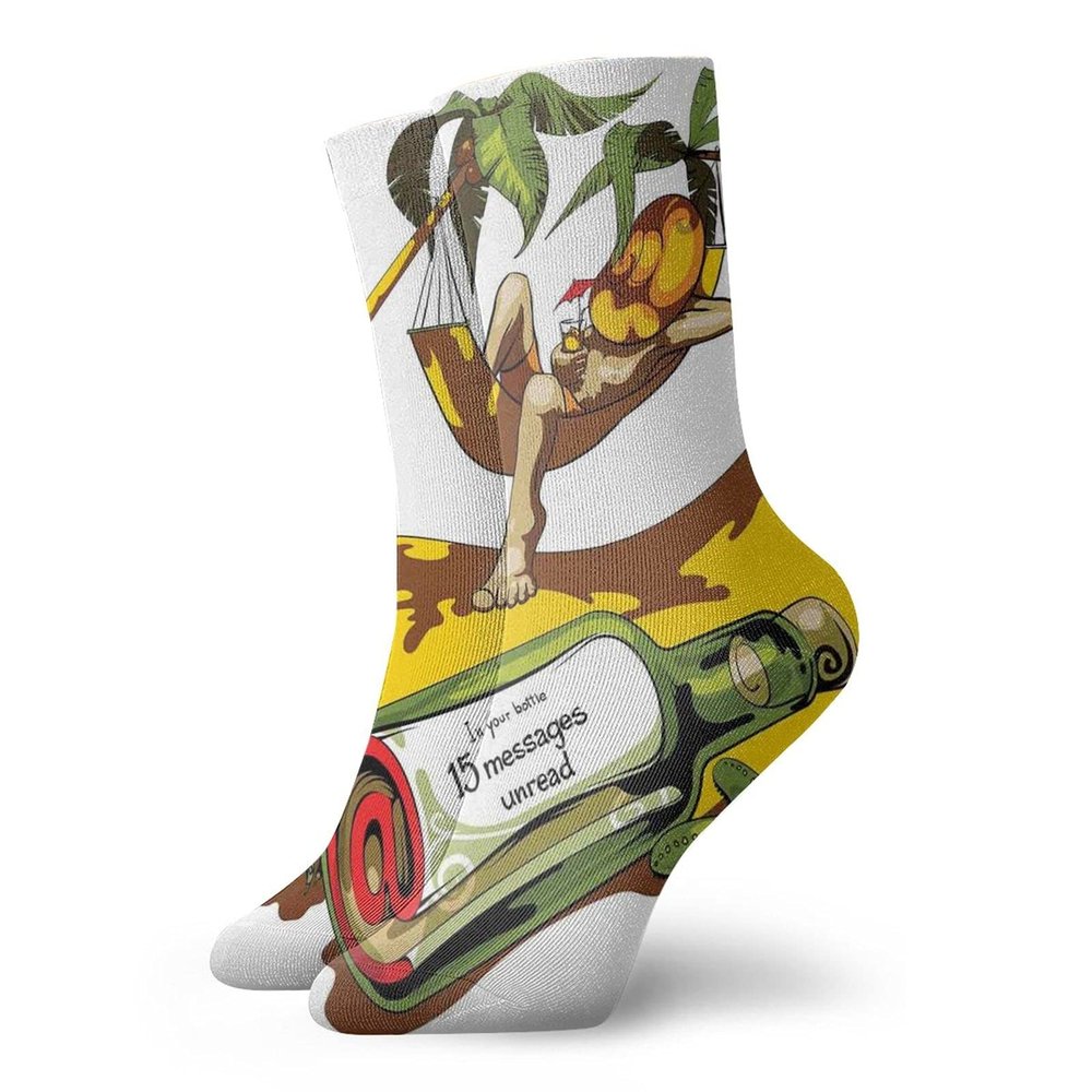GULTMEE Funky Colorful Cushion Sport Socks,Image Of Young Man In Hammock And Message In A Bottle At Beach Artsy Design,Athletic Cushioned Running Performance Crew Socks For Men/Women, -12 inch