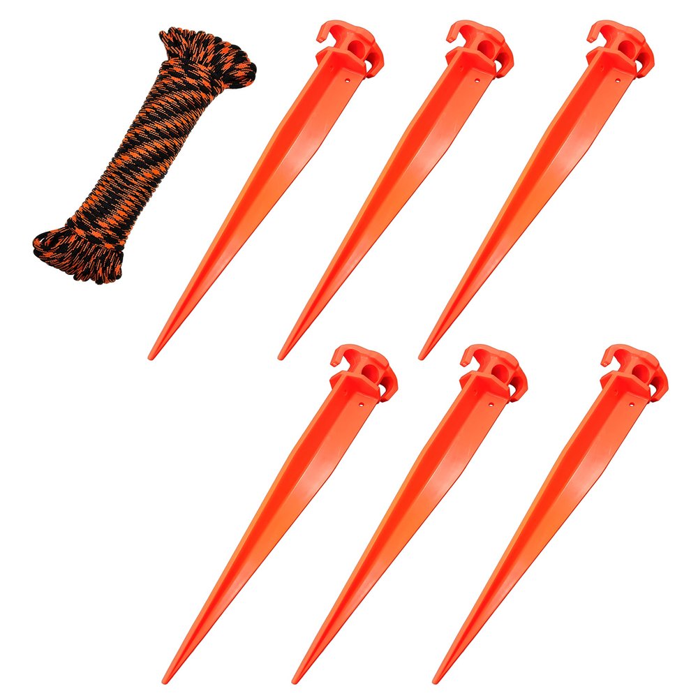 (6) 11" Tent Pegs & (1) 5/32" x 50ft Paracord Rope. Garden Stakes Durable and Strong Plastic Tent Stakes for Beach Mat, Camping, Hiking, Garden, Landscape Stakes, Orange Stakes UV Resistant