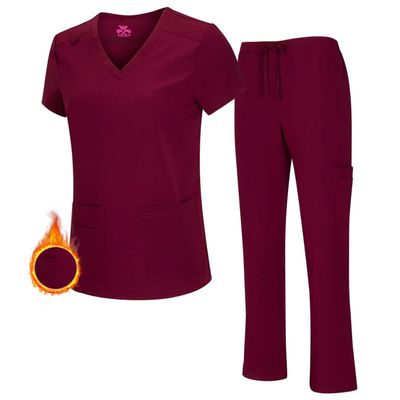 M&M SCRUBS Women's Stretch Scrub Set - Cool V-Neck Top & Cargo Pant, Breathable Moisture Wicking Medical Uniform (Burgundy, Large)
