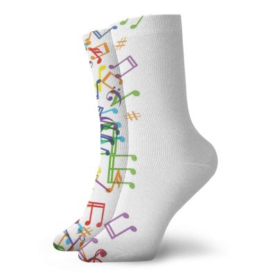 Colorful Fashion Compression Socks,Trippy Style Music Notes With Clef Rhythm Tempo Melody Harmony Print,Performance Polyester Cushioned Athletic Crew Socks for Running,Athletic,Multi White -12 inch