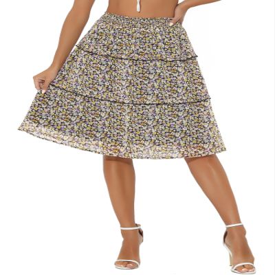 Allegra K Women's Floral Skirts Spring Smocked Elastic Waist A-Line Below Knee Length Ruffle Tiered Skirt Large Black