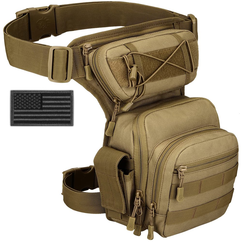 SunForMorning Tactical Drop Leg Bag Military Tool Gear Fanny Thigh Pack Molle Utility Airsoft Motorcycle Cycling Waist Gear Pouch (1 Patch Included), Brown