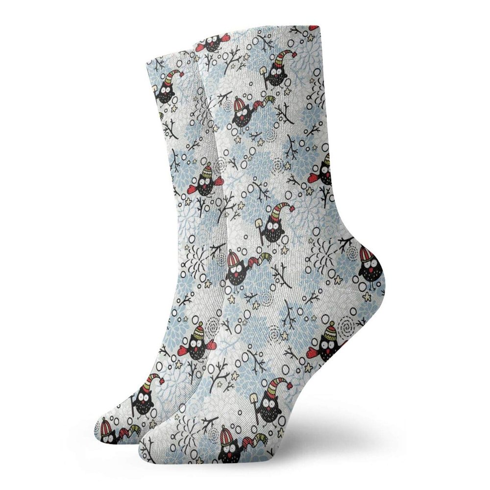 Owls Funny Compression Socks Women and Men,Wintertime Pattern With Cute Characters And Snow Flowers Stars Doodle Style Xmas Theme,Best for Circulation,Running,Athletic,Nurse,Travel,Multicolor -12 inch