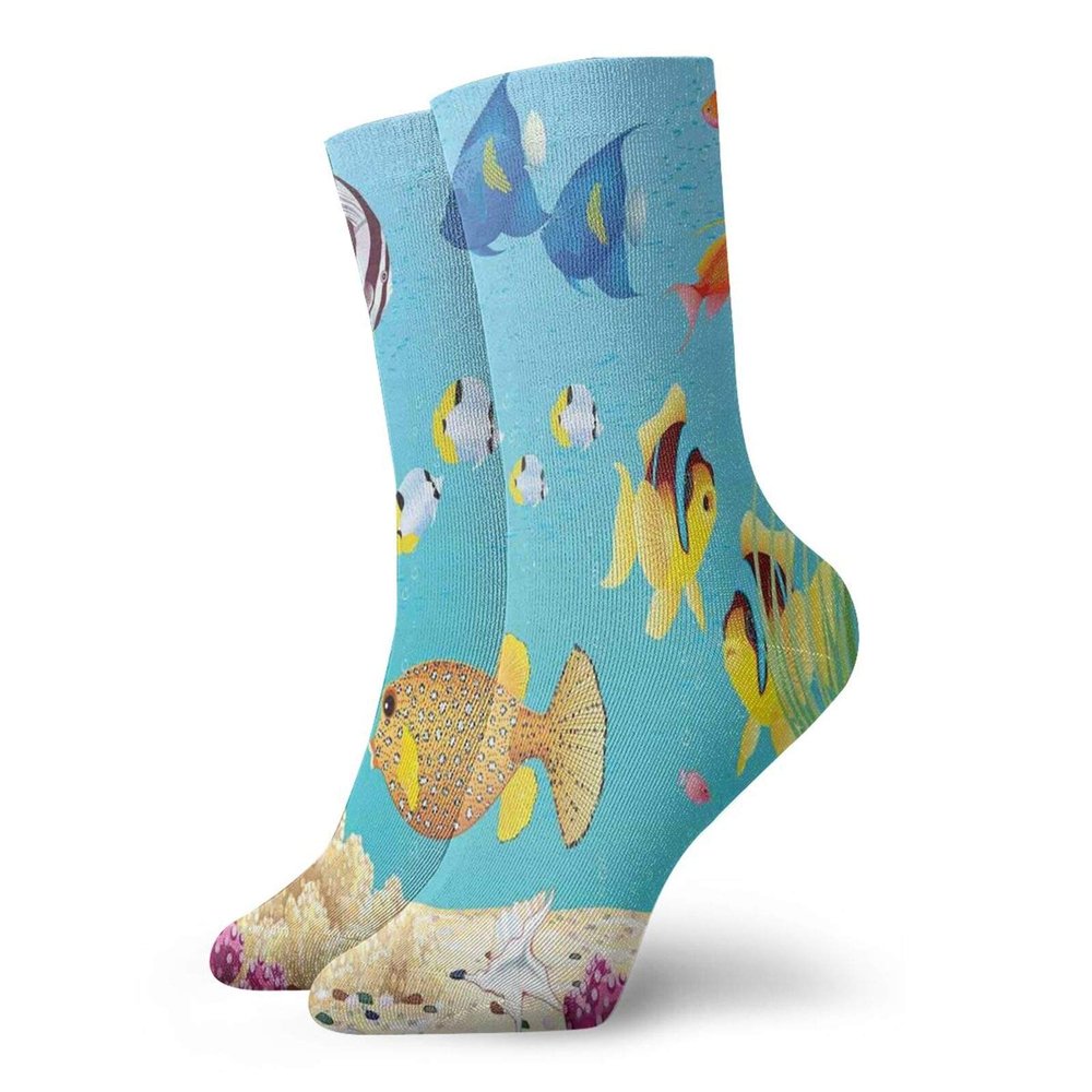 GULTMEE Fashion Compression Socks,Underwater Landscape With Various Water Plants And Exotic Fishes Artsy Print,Performance Polyester Cushioned Athletic Crew Socks for Running,Athletic, -12 inch