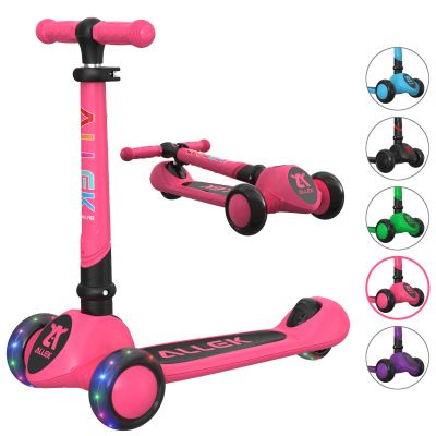 Allek Kick Scooter Foldable F02, 3-Wheel LED Flashing Glider and 4 Adjustable Height with Anti-Slip Thick Deck Push Scooter for Children 3-12yrs (Pink)