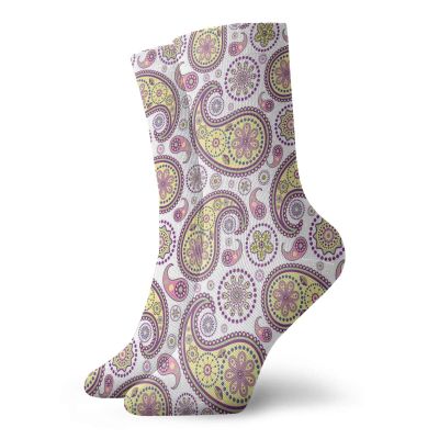 Paisley Fashion Compression Socks,Ornate Detailed Motif Ethnic Authentic Oriental With Vivid Colors,Performance Polyester Cushioned Athletic Crew Socks for Running,Athletic,Lilac Yellow -12 inch