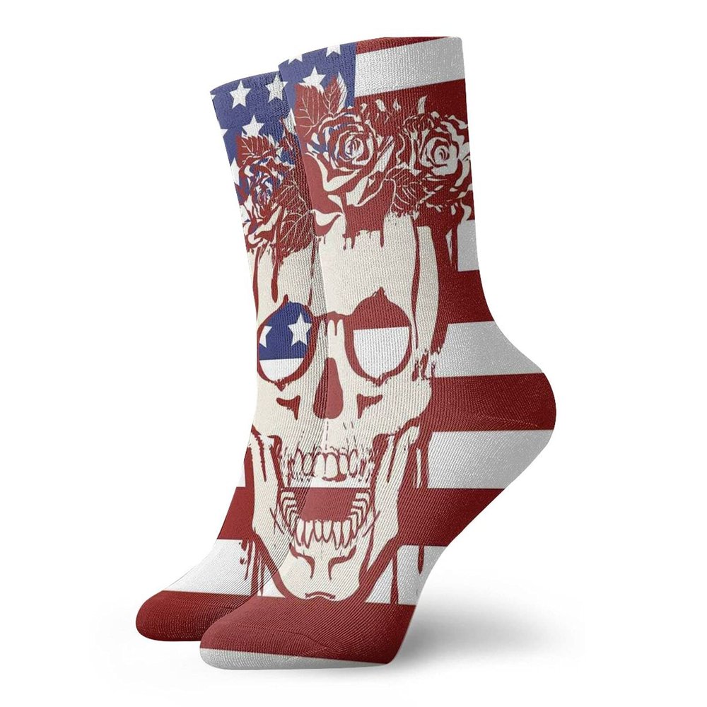 GULTMEE Funny Compression Socks Women and Men,Dead Human Head With A Floral Wreath Usa American Symbol Stars Humor Illustration,Best for Circulation,Running,Athletic,Nurse,Travel, -12 inch
