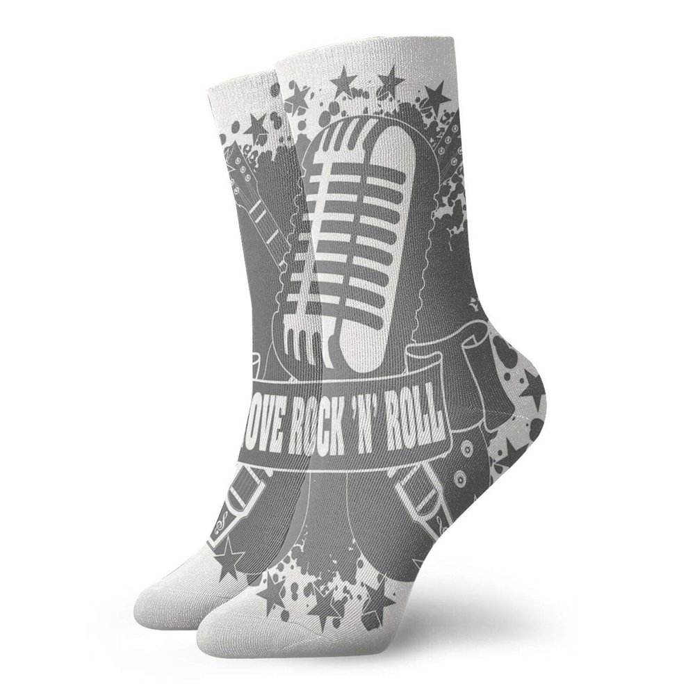 Fashion Compression Socks,Monochrome Microphone Retro Style Guitars Stars And Dots Illustration Abstract,Performance Polyester Cushioned Athletic Crew Socks for Running,Athletic, -12 inch