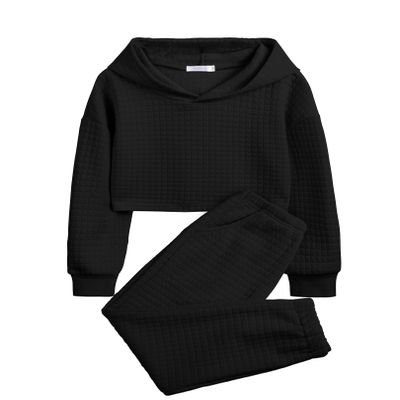 Arshiner Girls 2 Piece Outfit Crop Pullover Waff Hooded Sweatshirt and Sweatpants Sets Long Sleeve Fall Winter Pant Set