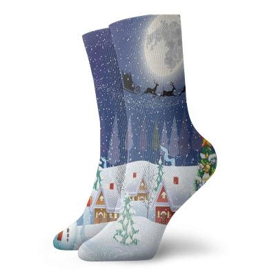 GULTMEE Christmas Funky Colorful Cushion Sport Socks,Winter Season Snowman Xmas Tree Santa,Athletic Cushioned Running Performance Crew Socks For Men/Women,Blue White -12 inch