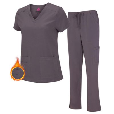 M&M SCRUBS Women's Stretch Scrub Set - Cool V-Neck Top & Cargo Pant, Breathable Moisture Wicking Medical Uniform (Charcoal, Small)