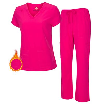 M&M SCRUBS Women's Stretch Scrub Set - Cool V-Neck Top & Cargo Pant, Breathable Moisture Wicking Medical Uniform (Hot Pink, Large)