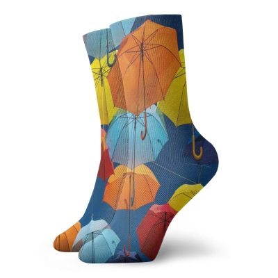 GULTMEE Funky Colorful Cushion Sport Socks,Umbrellas Colors The Sky Traditional Portugal Festive European Culture Picture,Athletic Cushioned Running Performance Crew Socks For Men/Women, -12 inch